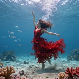 manshaped swirling smoke beside woman dancing underwater wearing a flowing red dress made of seaweed, sand and coral sea bottom, large school of tiny silver fish in the background, octane render, caustics lighting from above, cinematic