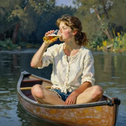 “ a girl sitting in canoe on a river drinking beer, by andrew wyeth ”