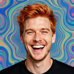 a portrait of a laughing man with ginger hair, by ross tran, psychedelic, trippy