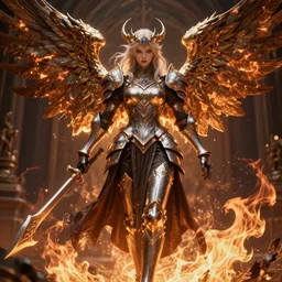 complex 3 d render hyper detailed ultra sharp of a beautiful ornate valkyrie princess angel of death gorgeous, d & d, medieval dark fantasy, battle armor, fiery aura, dynamic, intricate, octane render, 8 k, hd, art by takeshi obata & satoshi kon & artgerm & billelis & wlop