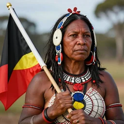 portrait of Pauline Hanson as an Australian Aboriginal, carying the Aboriginal flag by greg rutkowski, very coherent, hyper realism, high detail, vivid colors, octane render, unreal engine, 8k, Smooth gradients, High contrast, depth of field by Jacek Yerka