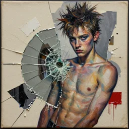 fragile boy from fight club detailed mixed media collage with canvas texture in style of contemporary art, punk art, photorealism, sensual bodies, expressionism, masterpiece, perfect composition, spectacular quality, intricate oil details, broken glass photo, torn paper intricate texture, large cracks, liquid glue spots