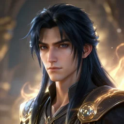 young male alchemist, dnd, ear - length raven - black hair, close shot, stuning 3 d render, dnd character, masterpiece, glowing aura, by donato giancola and greg rutkowski and wayne barlow and zdzisław beksinski, realistic face
