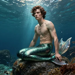 male sherlock holmes mermaid with a big tail and sitting on a stone at the bottom of the sea in the style of jules bastien - lepage