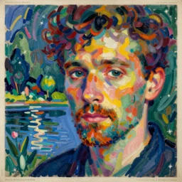 an extreme close-up abstract portrait of a man enshrouded in an impressionist representation of Mother Nature and the meaning of life by Sonia Delaunay and Igor Scherbakov, abstract colorful lake garden at night, thick visible brush strokes, figure painting by Anthony Cudahy and Rae Klein, vintage postcard illustration, minimalist cover art by Mitchell Hooks