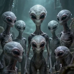 grey aliens with large eyes watching over an enslaved humanity, hq, trending on artstation, highly detailed, unreal engine 5, 8 k