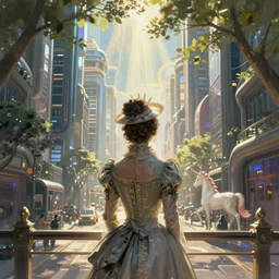 portrait of a victorian lady in a futuristic city, from behind, streets, unicorn, sunlight and rays of light shining through trees, tall buildings on the sides, beautiful, solarpunk!!!, highly detailed, digital painting by Michael Garmash, Donato Giancola