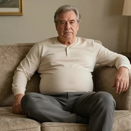 full body photo of older handsome lord richard. he is sitting gracefully on a sofa, he is wear elegant elastic. shirt is small for his belly. oh he is a human by the way, wear's beige shirt, has firm skin and big bouncy belly