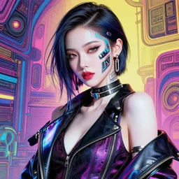 the portrait of an absurdly beautiful, graceful, elegant, sophisticated, fashionable cyberpunk gravure idol, an ultrafine hyperdetailed illustration by kim jung gi, irakli nadar, intricate linework, bright colors, porcelain skin, unreal engine 5 highly rendered, fashion photography, half of face electronics, global illumination, radiant light, detailed and intricate environment