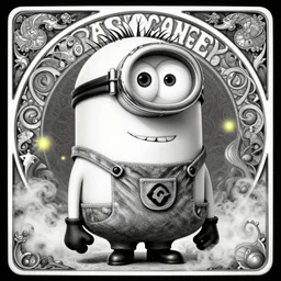 Minions animation character, black and white art, overdetailed art, by greg rutkowski, by Alfons Mucha, complementing colors, colorful lights, fireflies, detailed illustration, octane render, smoky