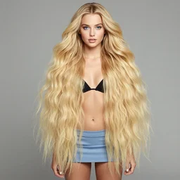 photograph : a very beautiful teenage model with 2 0 meters extremely long blond hair, full body, extremely long wavy 2 0 meters long blond hair, sky blue eyes, full round face,, bikini, miniskirt, front shot, extremely long thick blond hair