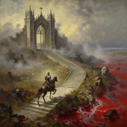 a gorgeous landscape painting by barlowe wayne, maxfield parrish and marco mazzoni. a lonely armed knight rides on the winding stone steps, a lonely magnificent gothic gate to the hell, 3 d, octane render, turbulent blood lake, fog, 8 k.