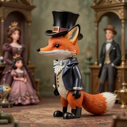 profile portrait of a tin toy jack the ripper as a fox wearing a top hat, nicoletta ceccoli, mark ryden, lostfish, max fleischer, depth of field, detailed and intricate victorian environment, 8 k resolution, hyperrealistic, octane render