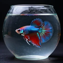 highly detailed photo of only one colorful beta fish in super clean glass bowl, minimal, dark background, hyper realistic, concept art, 8 k detail post - processing