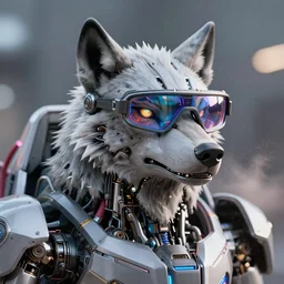 portrait of mechanical wolf with cyberpunk fpv glasses in cockpit, reflective lens, caustics, bokeh, dust, mechanical parts, neon wires, dark fur, closeup portrait, editorial photography, award winning, establishing shot, dark mood, dark sci fi, vibrant tones, cinematic, symmetry