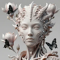 achromatic 3D render of one beautiful face portrait of a female vegetal-dragon-cyborg, 150 mm, magnolia stems, black butterflies, fine lace, Mandelbrot fractal, anatomical, flesh, facial muscles, cable wires, microchip, veins, arteries, full frame, microscopic, elegant, highly detailed, flesh ornate, high fashion, rim light, octane render in the style of H.R. Giger and Man Ray