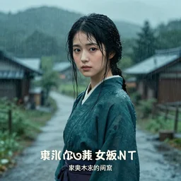 beautiful japanese woman in a village in the rain, nadescio rin, drab blue greens, dark greens, highly detailed, award winning