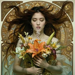 closeup portrait of a beautiful mysterious balinese, holding a bouquet of flowers, hands disappeared under the bouquet, flowing hair, underwater, bubbles from the mouth, fantasy, regal, intricate, art nouveau, swirly intricate linework background by stanley artgerm lau, greg rutkowski, thomas kinkade, alphonse mucha, loish, norman rockwell