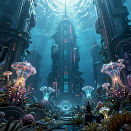 hyperrealistic precisionist cinematic underwater neo - dystopian city ruins with giant luminescent aquatic plants, digital art masterpiece, aykut aydogdu eric zener, dramatic volumetric light, long shot, low angle uhd 8 k, sharp focus