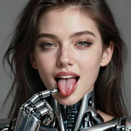 attractive female i robot sticking the tongue out sensually, seven deadly sins theme, close - up portrait, intricate, elegant, volumetric lighting, scenery, digital painting, highly detailed, artstation, sharp focus, illustration, concept art, luis rollo, ruan jia, steve mccurry, john berkey