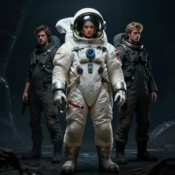 soviet cosmonaut queen, infinite detail, full shot, smooth, sharp focus, illustration, rembrandt lighting, dark mood, mysterious, cinematic action movie poster, unreal engine 5, 8 k, art by roger dean and simon bisley