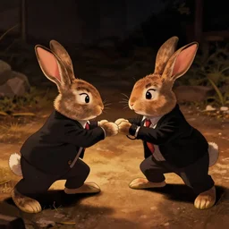 two rabbits in suits are fighting, cartoonish, zenith view, warm color palette, night time, dramatic lighting, noir film, fine details, high contrast, blacksad, kim jung gi, greg rutkowski, trending on artstation, 8 k, ultra wide angle
