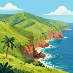 a beautiful illustration of a breathtaking nature landscape vivid colors hills ocean cliffs palm trees by gediminas pr