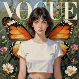 woman with butterfly wings, vogue magazine, elle magazine, greg rutkowski, john singer sargent, anime, trending on artstation, oil painting, intricate, flower garden, crop top