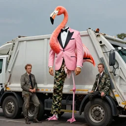 shredded physique feathered tall neck beak Portrait of Samuel Beckett camouflaged as Flamingo whilst wearing a pink tuxedo Standing atop a Garbage Truck Greg Rutkowski Lucian Freud Paul Cezanne antonio donghi Jamie Wyeth