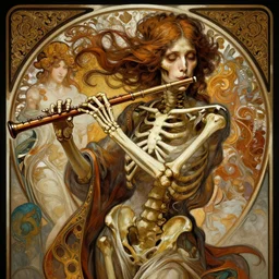 a skeleton woman, playing the flute historical, intricate, highly detailed, dynamic lighting, digital art, digital painting, artstation, wlop, sharp focus, illustration, art by artgerm and greg rutkowski and alphonse mucha, 8 k