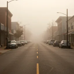 Photograph of american street, foggy, afternoon, brown, heat ripples, 300mm f 5.6, award winning photograph