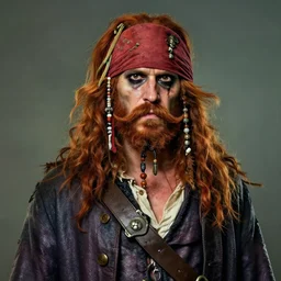 a detailed portrait of a ugly drunken pirate with a big ginger beard and a large moustache, ginger hair, ugly, bags under his eyes, dark eyes, he wears a big coat, scruffy. character concept art. royo, artgerm, wlop. fashion. dnd. trending on artstation.