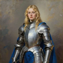 blonde female knight in armor with a blue cape, painting portrait