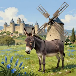 Beautiful donkey standing near a windmill, spots of blue flowers nearby, medieval french landscape, Carcassonne, city of carcassonne in the background, by Stanley Artgerm Lau, WLOP, Rossdraws, frank frazetta, Andrei Riabovitchev, Marc Simonetti, tranding on artstation