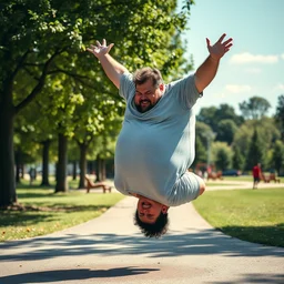 photo of an extremely fat man doing a backflip in a park, 8 k, 8 5 mm f 1. 8, sunny summer day