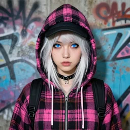 highly detailed portrait of a sewer punk lady student, blue eyes, tartan hoody, hat, white hair by atey ghailan, by greg rutkowski, by greg tocchini, by james gilleard, by joe fenton, by kaethe butcher, gradient pink, black, brown and light blue color scheme, grunge aesthetic!!! ( ( graffiti tag wall background ) )