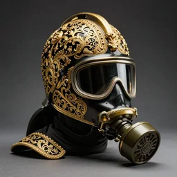 black and gold baroque detailed filigree helm with a gas mask turnaround concept art