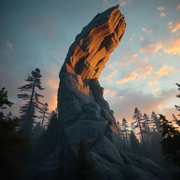 a tall rock structure in the shape of a swirling spiral vortex, background of trees, dramatic evening lighting, hyper detailed, digital art, trending on artstation, cinematic lighting, studio quality, smooth render, octane render, art style by ruan jia and greg rutkowski and ian sprigger and wlop and krenz cushart