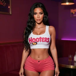kim kardashian in a club wearing a hooters outfit, soft surface texture, photo, soft sun lights, 4 k, high detailed photography result, 5 0 mm lens, rich deep colors, smooth gradients, depth of field, cinematic, hyper realism, high detail, octane render, unreal engine 5, 8 k, vibrant colors