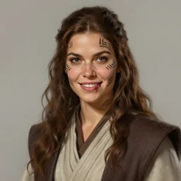 portrait of an woman by Greg Rutkowski, she is about 20 years old, pretty, long brown wavy hair, tribal tattoos on her face, scar near her mouth that makes her look like she's smiling all the time, wearing jedi robes, Star Wars Expanded Universe, highly detailed portrait, digital painting, artstation, concept art, smooth, sharp foccus ilustration, Artstation HQ