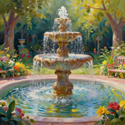 an insanely intricate detailed beautifull oil painting of a garden with fountain, unreal engine, octane render, redshift, 8 k resolution, colorfull, intense colors, intricate reflexions, soft harmonic lighting, cinematic, subsurface scattering, anti aliashing,