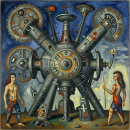 complex alien technology in the form of a giant machine, with many large parts and strange symbols by candido portinari and joan miro, style of aureolin
