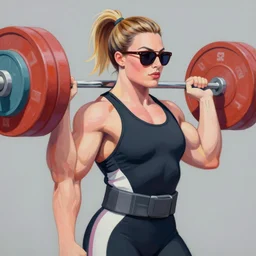greg manchess portrait of margot robbie as thick muscular weightlifter zarya from overwatch with ponytail and short hair wearing dark sunglasses, medium shot, asymmetrical, profile picture, organic painting, sunny day, matte painting, bold shapes, hard edges, street art, trending on artstation, by huang guangjian and gil elvgren and sachin teng