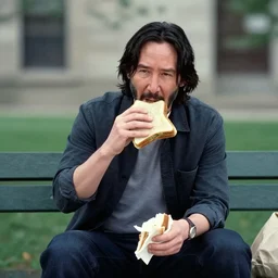 Keanu Reeves eating a sandwich while sitting on a bench, in the style of Gregory Crewdson