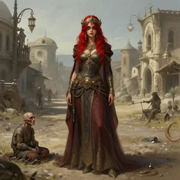 a full body portrait of a beautiful post apocalyptic offworld inventors district bedouin blind pulp fiction scarlet wild rogue barbarian leper begging by the roadside, intricate, elegant, highly detailed, digital painting, artstation, concept art, smooth, sharp focus, illustration, art by krenz cushart and artem demura and alphonse mucha