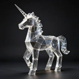 photo of a steel unicorn composed by polygons in a dark room