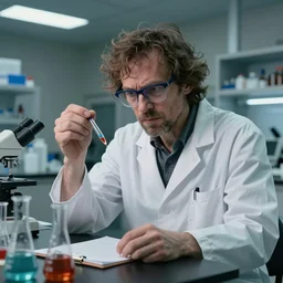 a slobbish, mad scientist, working in a lab