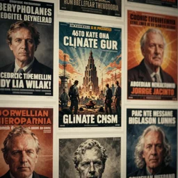 cinematic view of orwellian propoganda posters of climate crisis by cedric peyravernay, by dave melvin, by jorge jacinto, depth of field, sharp focus, intricate, high detail, digital painting, surreal art, cinematic lighting, artstation, 3 5 mm film grain