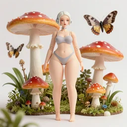 portrait of a beautiful super dollfie, bjd, biopunk, solarpunk, feminine curves, giant mushrooms, fly agaric, giant moths, plants, surreal, dan mumford, beeple, artgerm, fashion magazine, vogue, harper's bazaar art, id magazine, intricate, 8 k render in octane, sharp focus