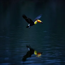 a toucan flying on a lake, reflections, midnight, lake, reflections, dark, mystery, wavy lake, dark atmosphere